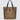 tan tote bag with black handles on a light grey background