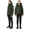 male and female model, both wearing green bomber style winter coats