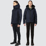 male and female model, both wearing navy bomber style winter coats in sustainable materials