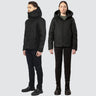 male and female model, both wearing black winter coats in a bomber jacket style