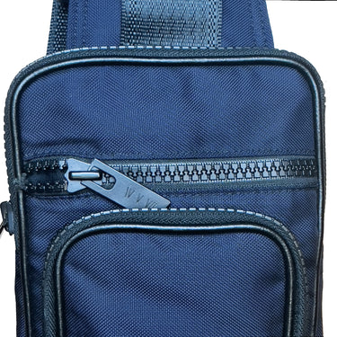 Close-up of a blue bag with a zipper on a white background